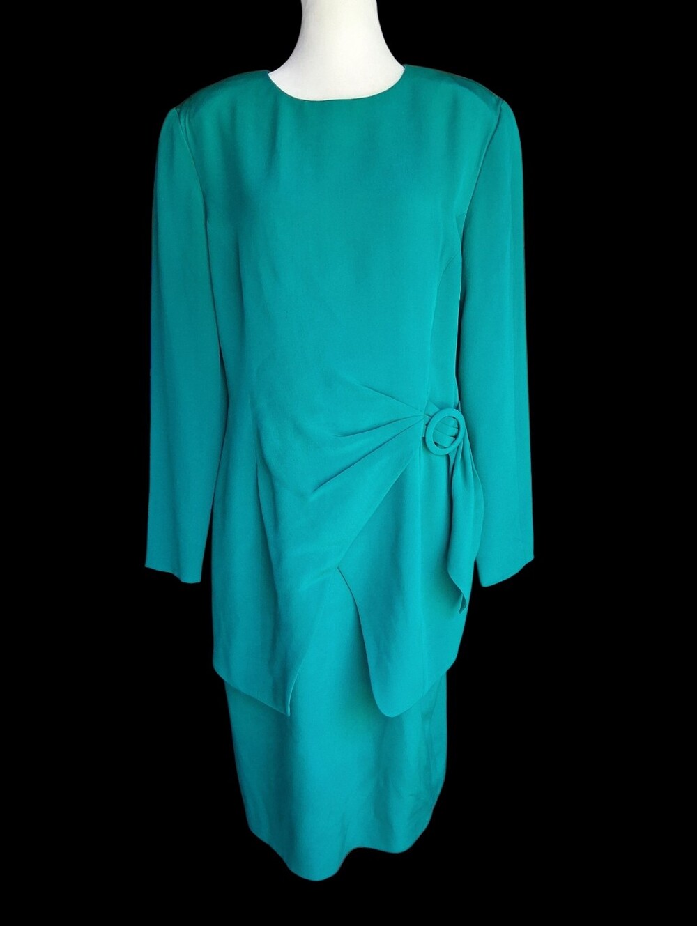 Gillian Vintage 100% Silk Elegant Teal Sheath Dress with Draped Ring Detail 12